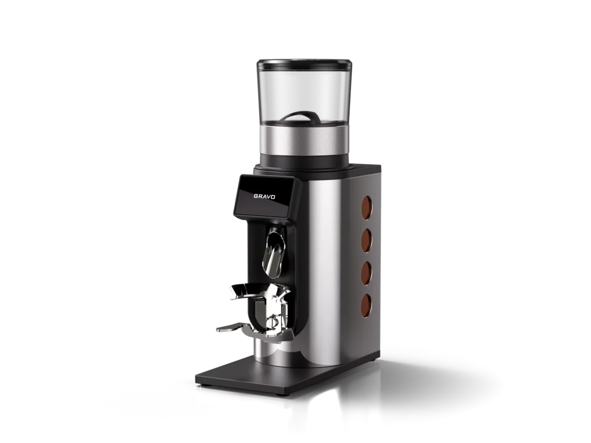 Moulin à café GRAVO chrome/cuivre 3/4 face